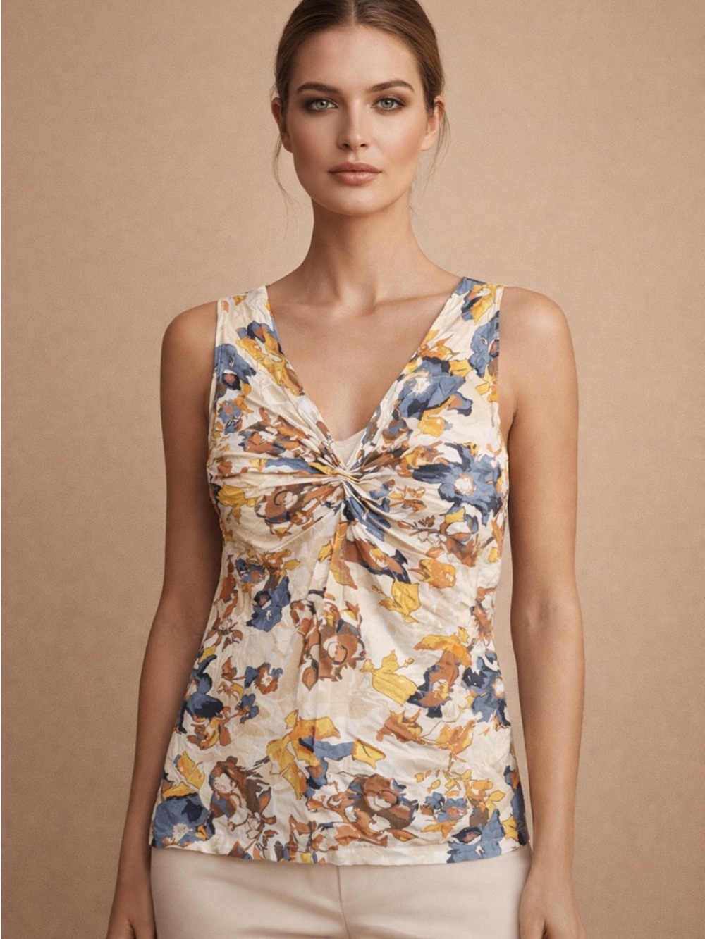 Floral Twist-Front Tank Top in Ivory and Mustard
